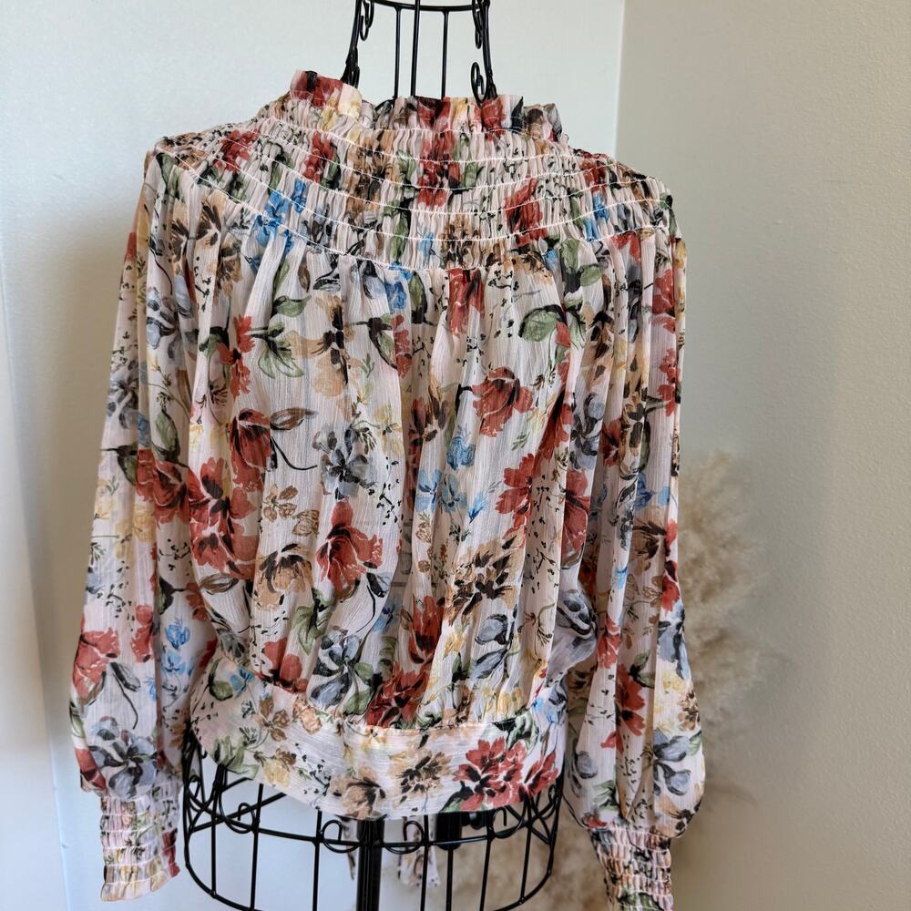 VICI Floral Sheer Long Balloon Sleeve Blouse Smocked Mock Neck Tie Back Romantic